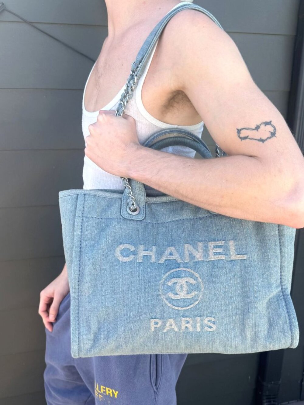 CHANEL Light Blue Denim Medium Deauville Logo Tote Bag SHW - Picture 5 of 16